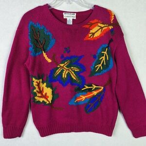 Vintage Hand Knit Leaf Sweater Womens Magenta Folk Art Cottagecore Fall Pullover